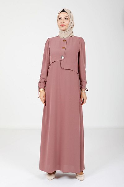 Beyza Κουμπί Λεπτομερής Λαβή Gathered Dusty Rose Χρώμα Μουσουλμανικό Φόρεμα 5649