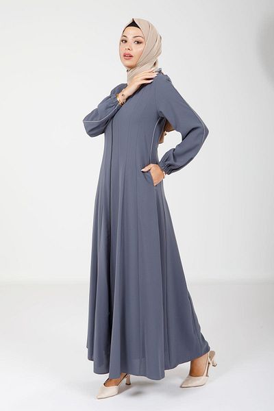 Beyza Smoke Colored Zippered Piping Detailed Side Pocket Ferace 3902