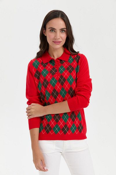 Desen Triko Pulover de damă din lână cu gât polo Argyle - Coral