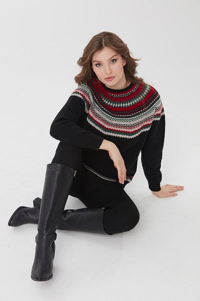 Desen Triko Pulover de damă din lână jacquard cu gât crew negru