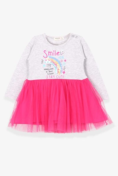 Breeze Kız Çocuk Uzun Kollu Elbise Gökkuşağı Baskılı 1.5-5 Yaş, Gri Melanj