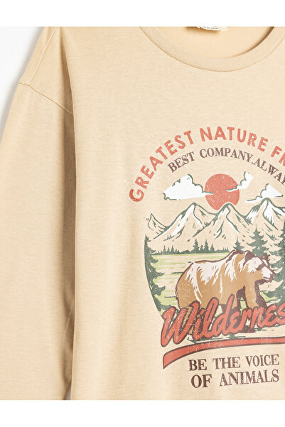 Koton Cotton Oversize T-Shirt - Long Sleeve, Crew Neck, Print Detail