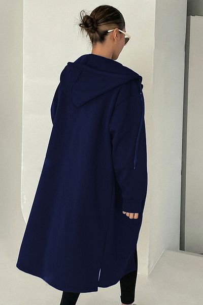 Know Women's Navy Blue Oversize Pocketless Long Hooded Cardigan