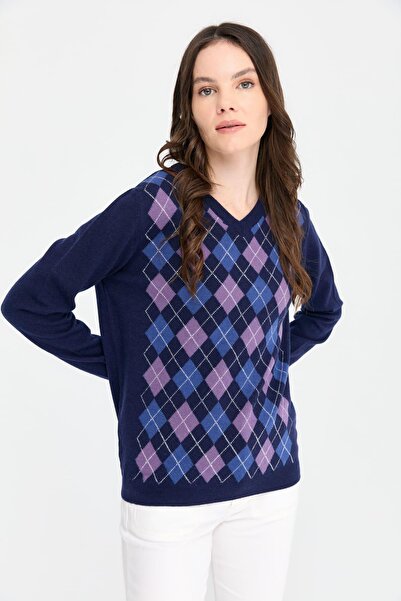 Desen Triko Navy Blue V-Neck Wool Sweater - Baklavalı Women's Sweatshirt