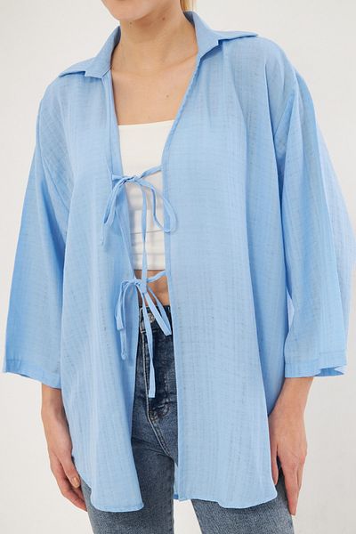 armonika Cămașă de damă, albastră, cu guler, cămașă kimono cu șireturi în față ARM-25K 001006