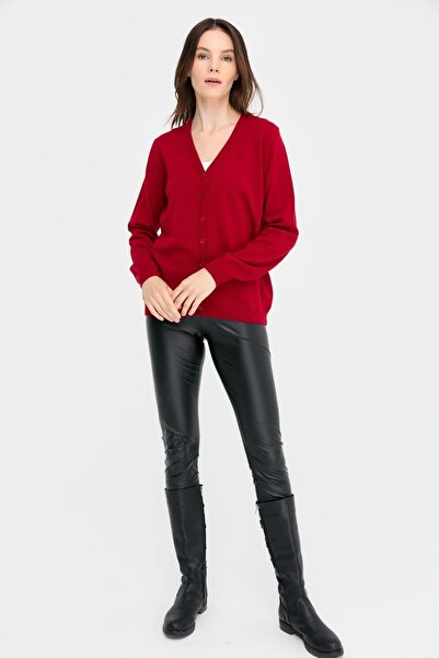 Desen Triko V-Neck Red Women's Cardigan - Wool K
