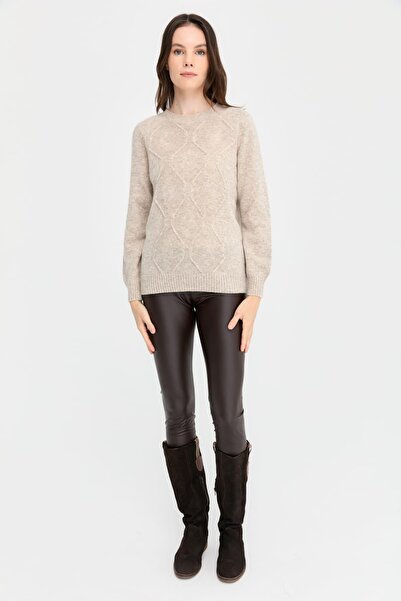 Desen Triko V.Beige Women's Wool Sweater - Zero Collar, Seamless Baklava Knit