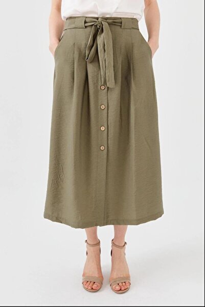 Desen Triko Belted Front Buttoned Khaki Skirt 23487-2Y4