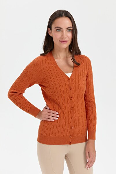 Desen Triko Orange V-neck Seamless Hair Braided Women's Cardigan