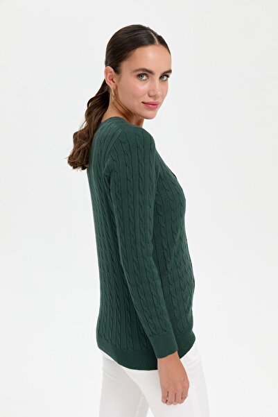 Desen Triko Green V-neck Seamless Hair Braided Women's Cardigan