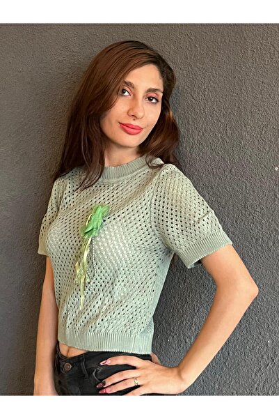 Gönülden Tasarım Ženska pletena bluza - pletena mreža sa brošem, kratki rukav...
