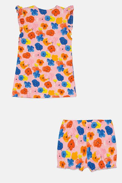 Earth by Art and Eden Toddlers Girl 2 Pieces Floral Print Top And Short Set, Pink Combo
