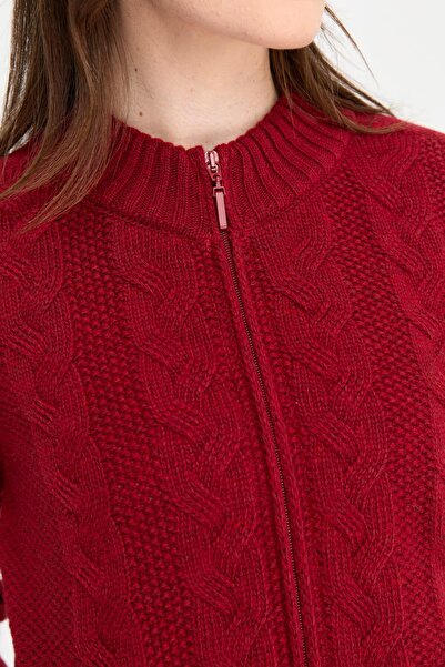 Desen Triko Women's Stand Collar Seamless Front Hair Braided Wool Cardigan V.Red