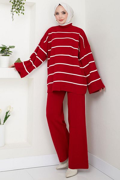 hafsamina Half Turtleneck Striped Knitwear Suit Red Hm2553