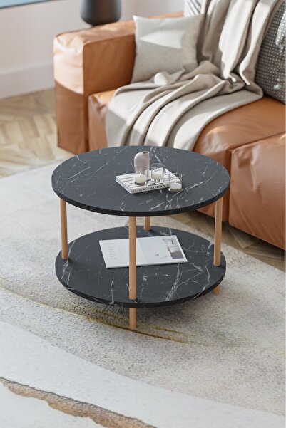 EGEMODÜLER Yuvarlak Orta Sehpa  Gazetelik Ahşap Ayaklı Sehpa İki Raflı Sehpa