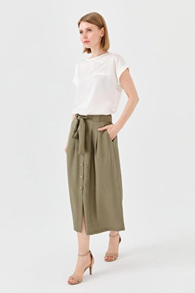 Desen Triko Belted Front Buttoned Khaki Skirt 23487-2Y4