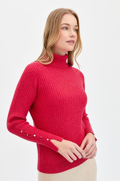 Desen Triko Red Women's Sweater - Full Turtleneck, Buttoned Sleeves