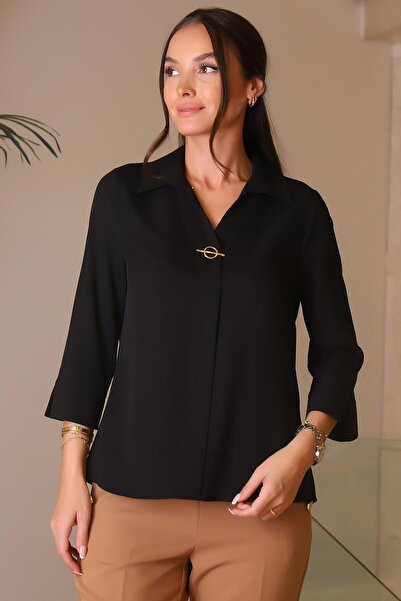 Nazen Giyim Black Women's Blouse with Spanish Sleeve Buckle Detail 81285-2K4