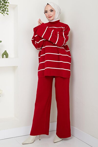 hafsamina Half Turtleneck Striped Knitwear Suit Red Hm2553