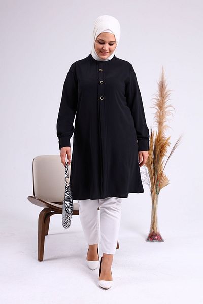 Ferace Women's Large Size Hijab Tunic Buttoned Ayrobin Fabric