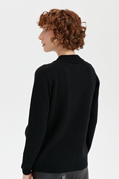 Desen Triko Hair Braided Stand Collar Women's Wool Cardigan - Black