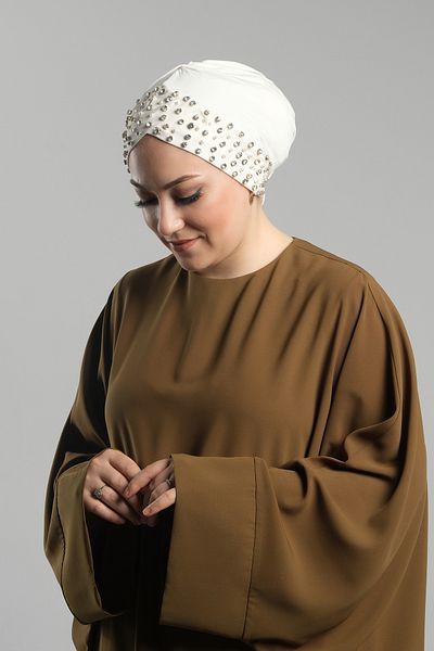 HÜRREM BONE Πρακτικό καπό Hijab Cream - Άμμο ύφασμα, Λεπτομέρεια από πέτρα, Snap-on 1456_40