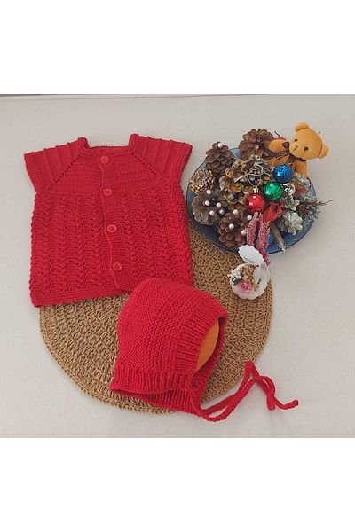 BEGİN Red Newborn Gift Baby Hand Knitted Cotton Vest Lora Hat Double Set 0-12 Months
