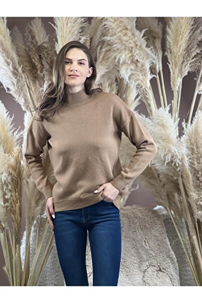 Miss Poem Women's High-Top Fisherman Basic Long Sleeve Mink Knitwear Sweater