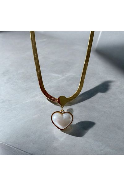 pudra aksesuar Italian Crushed Chain Steel Gold Necklace with Mother of Pearl Heart