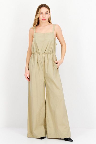 Halston Women Solid Sleeveless Jumpsuits, Tan