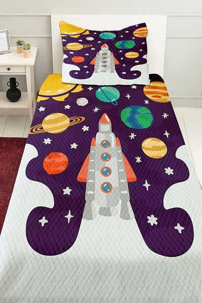 Else Dekor Παιδικό μονό σετ πικέ με μοτίβο Spaceship Planets Καπιτονέ κάλυμμα κρεβατιού
