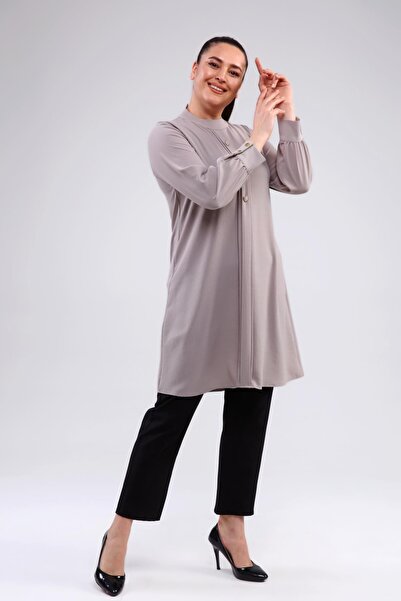Ferace Women's Large Size Hijab Tunic Buttoned Ayrobin Fabric