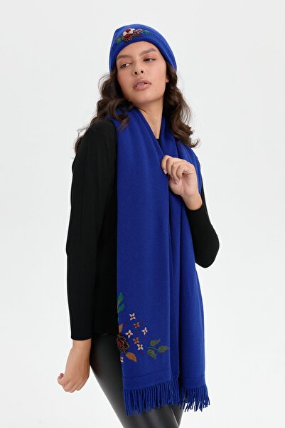 Desen Triko Kadın Papatya Çiçek İşlemeli Yün Bere K.S.Mavi