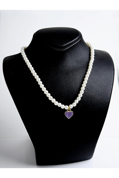 EUROMODA İncili Sedefli Kalp Tasarımlı Gold Renkli İncili Kolye