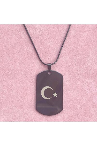 Güler Yüzlü Silver STEEL 50 CM PLATE MOON STAR NECKLACE MEN BLACK