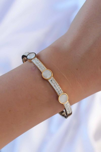 Skygo Gold Colored 316L Zircon Stone Pearlescent Handcuffs - Tj-Bb6376