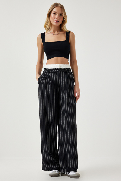 Lovelyİstanbul Ριγέ Παντελόνι με Αντίθεση και Διπλή Μέση, Φαρδιά Γραμμή, ΜΑΥΡ...