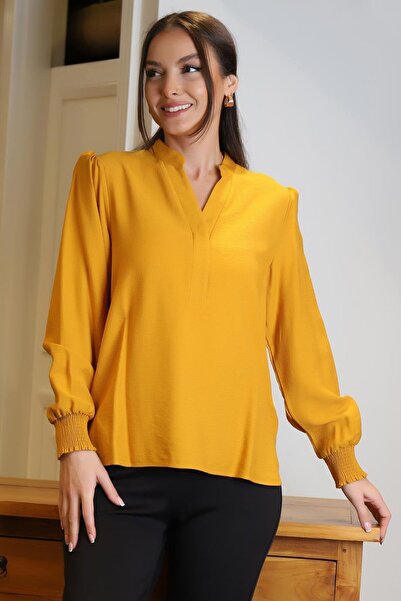 Nazen Giyim KOLLARI LASTİKLİ V YAKA HARDAL KADIN BLUZ 4028-2Y4