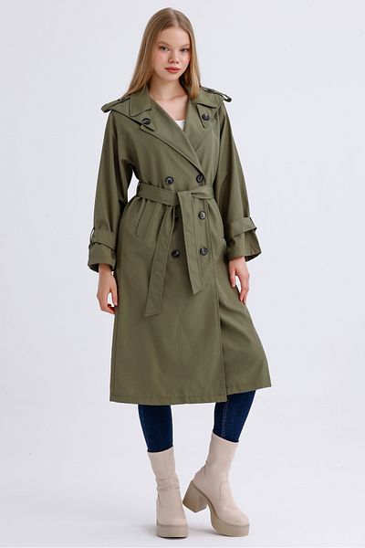 MD trend Women's Belted Collar and Sleeve Detailed Pocket Unlined Seasonal Double Breasted Trench Coat