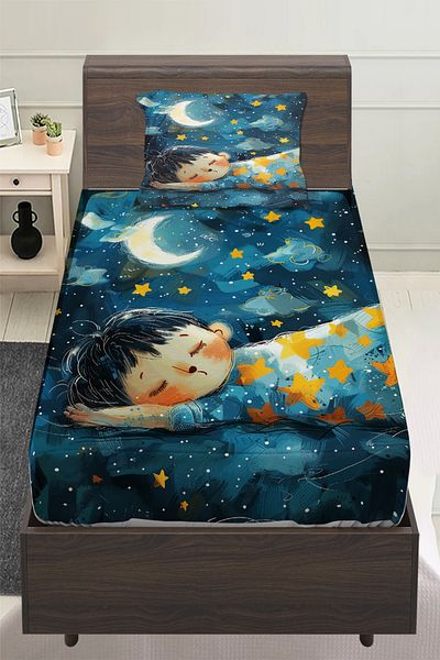 Else Dekor Blue Yellow Moon Sleeping Child Patterned Boy's Single Pillowed Elastic Sheet Set 100X200Cm