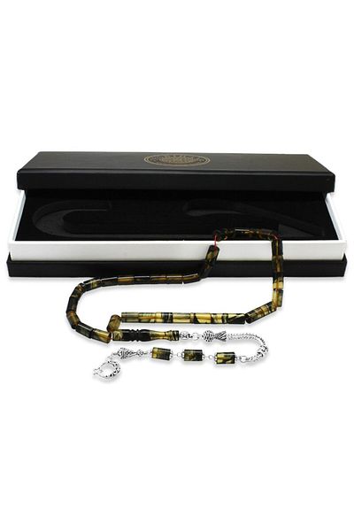 Tesbihane Non-Tarnish Metal Tasseled Cut Black-White Fire Amber Rosary