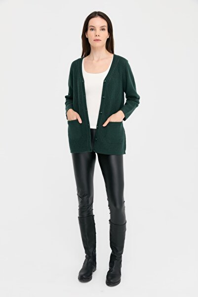 Desen Triko Green V-Neck Seamless Baklaval Women's Wool Cardigan