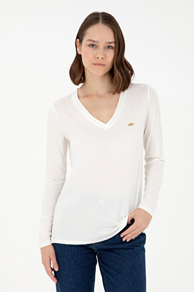 U.S. Polo Assn. سويت شيرت نسائي كريمي برقبة على شكل حرف V 50289542-VR071