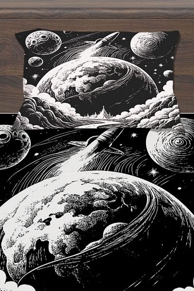 Else Dekor Ασπρόμαυρο Space Moon Planet Παιδικό Σετ σεντόνια μονό με επένδυση 100x200cm