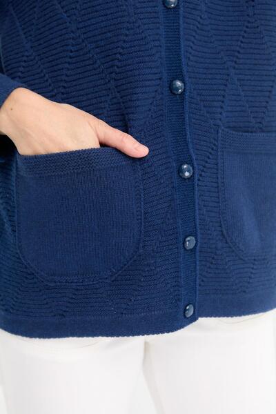 Desen Triko Indigo Women's Wool Cardigan - V-Neck, Seamless, Checkered and Buttoned