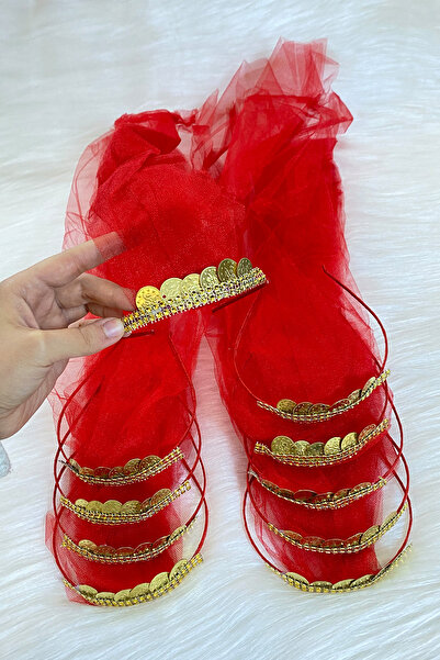 ZEYMERADE تاج وصيفة العروس من التول مع عملة ذهبية حمراء، حناء الزفاف الليلية، حفلة الزفاف، حفلة البكالوريوس، الختان