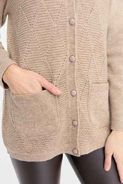 Desen Triko V-Neck Beige Wool Cardigan with Baklaval Buttons - Women