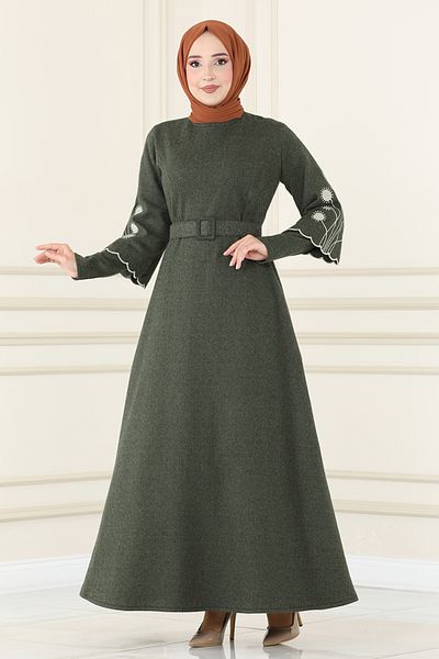 ModaMerve Khaki Belted Dress - Msl1610