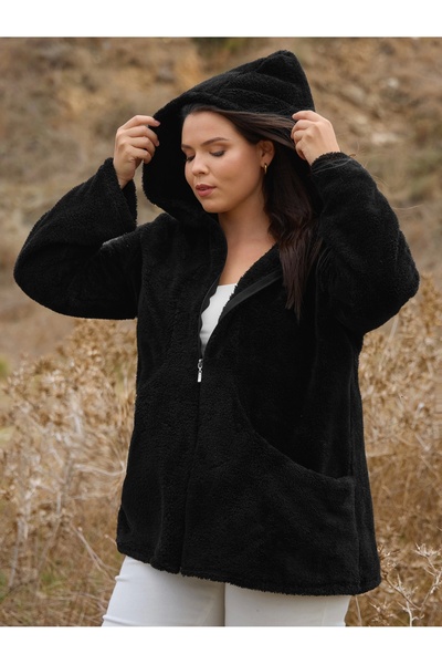 ModaSehle Kadın Büyük Beden Uzun Kollu Cepli Kapüşonlu Fermuarlı Peluş Hırka Ceket