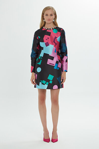 GİZİA Yakası Taş Detaylı Desenli ve Uzun Kollu Mini Elbise